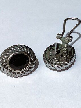 Vintage Thai Silver Black Onyx Oval 3/4" Stud Earrings Pierced Omega Loop